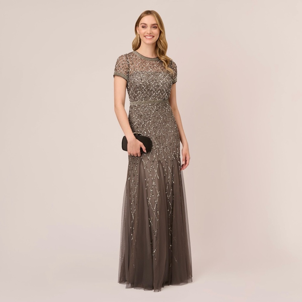 Adrianna Papell | Dark Gray Cap Sleeve Beaded Sequin Gown
